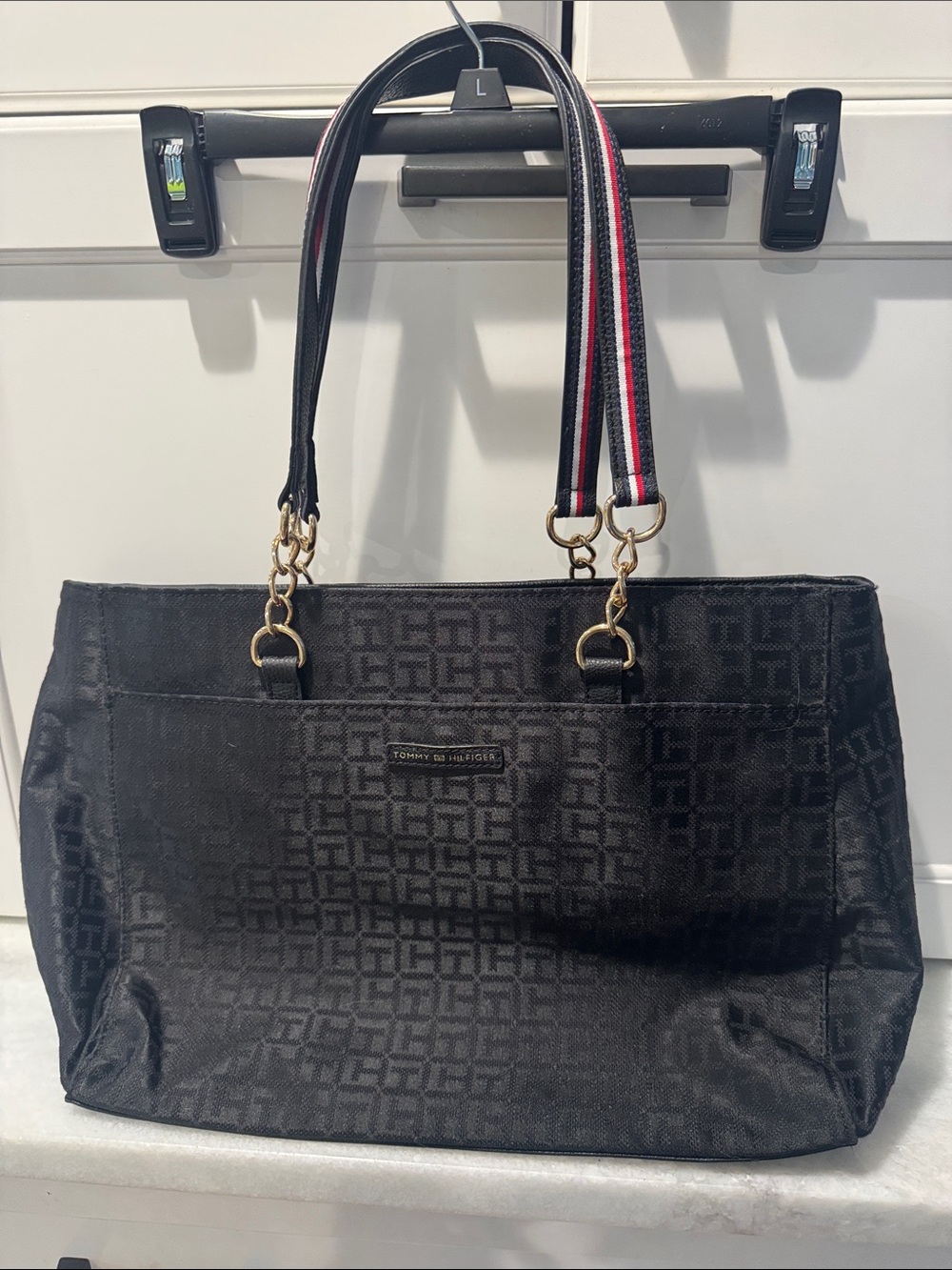 Tommy Hilfiger Black Jacquard Tote with Striped Detachable Strap